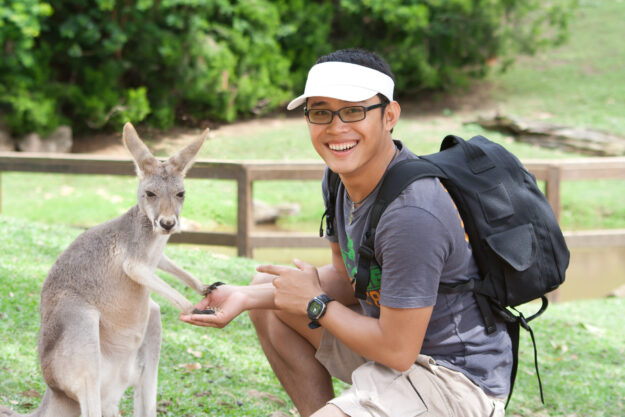 Young,Asian,Man,Wearing,Glasses,Is,Feeding,Kangaroo,In,A