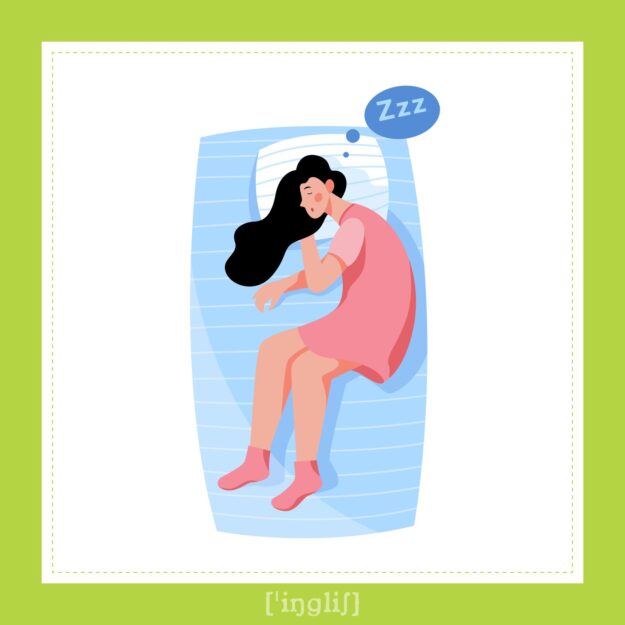 Daily Routine: Sleeping -Englisch-Arbeitsblatt mit Video für Anfänger Ein Mädchen schläft in einem rosa Nachthemd auf ihrem Bett. Eine Sprechblase zeigt 'ZZZ'.